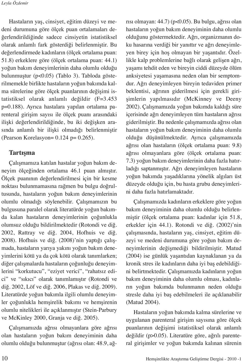 Tabloda gösterilmemekle birlikte hastaların yoğun bakımda kalma sürelerine göre ölçek puanlarının değişimi istatistiksel olarak anlamlı değildir (F=3.453 p=0.188).