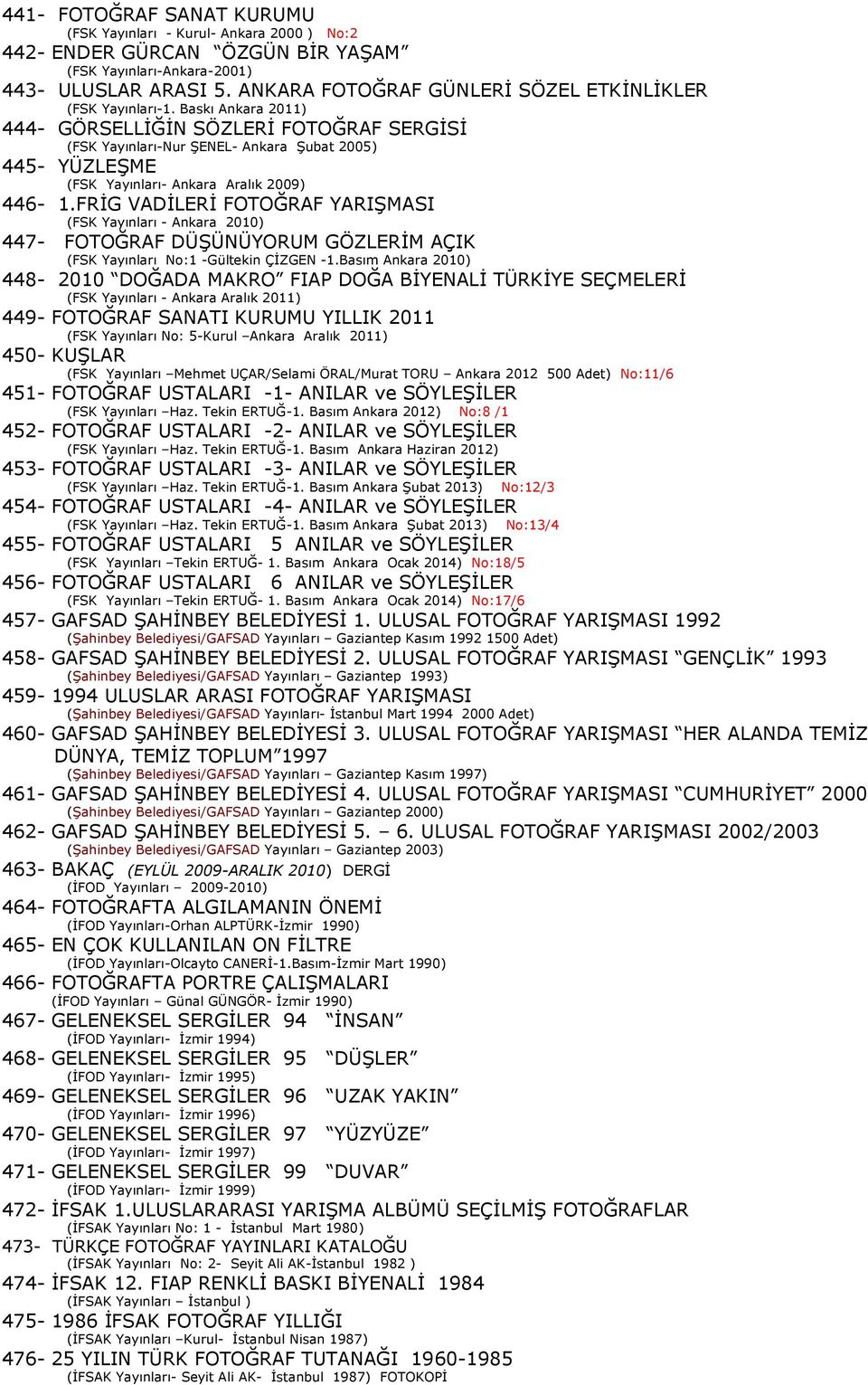 Baskı Ankara 2011) 444- GÖRSELLİĞİN SÖZLERİ FOTOĞRAF SERGİSİ (FSK Yayınları-Nur ŞENEL- Ankara Şubat 2005) 445- YÜZLEŞME (FSK Yayınları- Ankara Aralık 2009) 446-1.