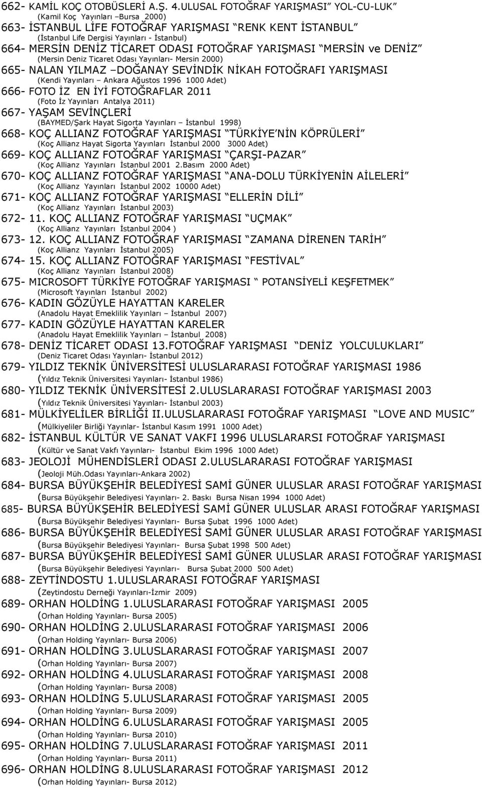 ODASI FOTOĞRAF YARIŞMASI MERSİN ve DENİZ (Mersin Deniz Ticaret Odası Yayınları- Mersin 2000) 665- NALAN YILMAZ DOĞANAY SEVİNDİK NİKAH FOTOĞRAFI YARIŞMASI (Kendi Yayınları Ankara Ağustos 1996 1000