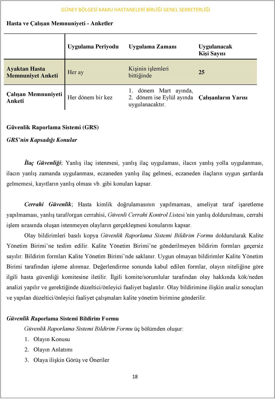 Çalışanların Yarısı Güvenlik Raporlama Sistemi (GRS) GRS nin Kapsadığı Konular İlaç Güvenliği; Yanlış ilaç istenmesi, yanlış ilaç uygulaması, ilacın yanlış yolla uygulanması, ilacın yanlış zamanda