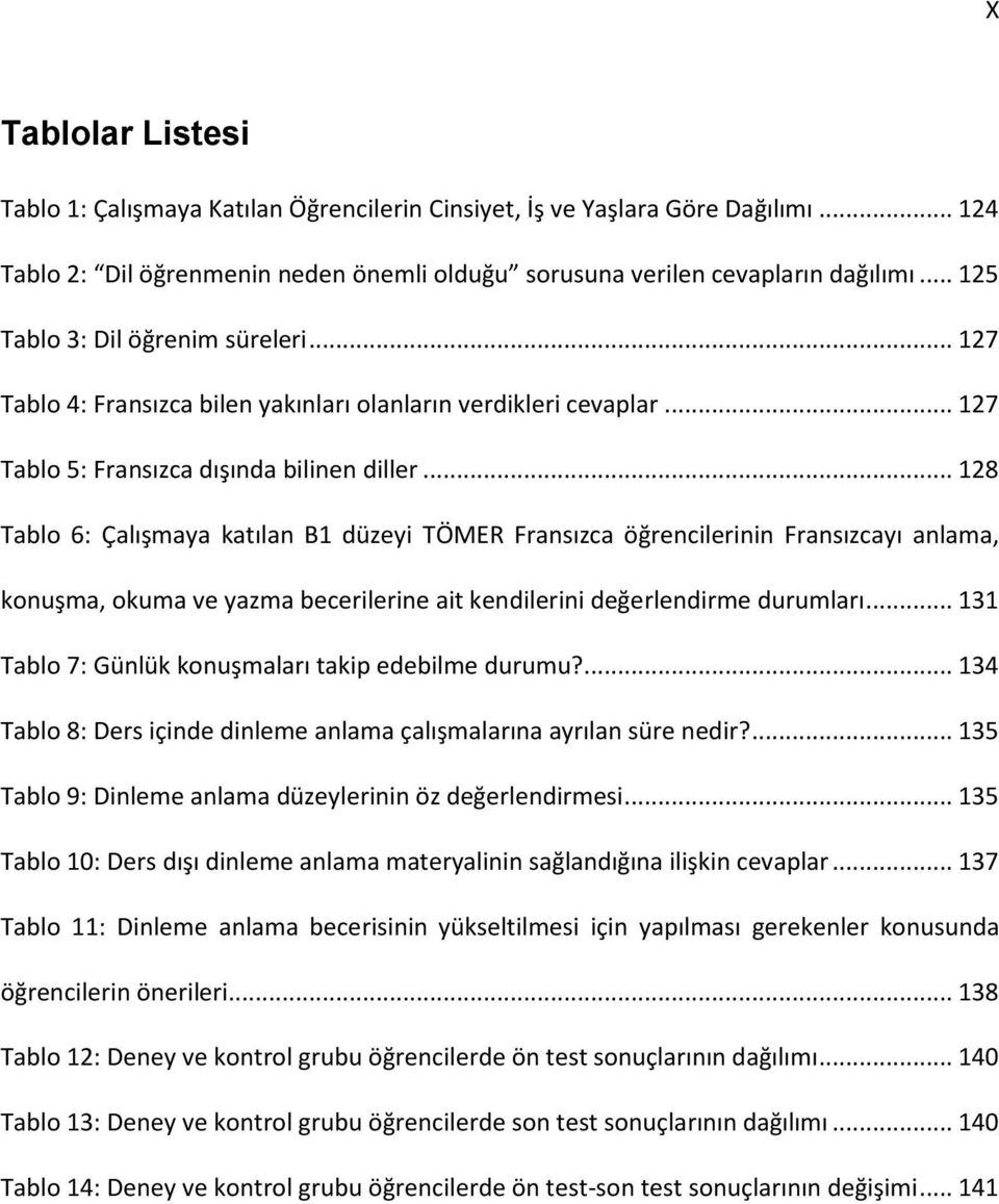 .. 128 Tablo 6: Çalışmaya katılan B1 düzeyi TÖMER Fransızca öğrencilerinin Fransızcayı anlama, konuşma, okuma ve yazma becerilerine ait kendilerini değerlendirme durumları.