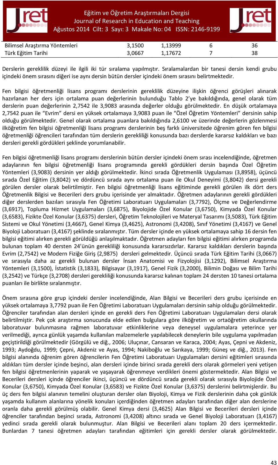 Fen bilgisi öğretmenliği lisans programı derslerinin gereklilik düzeyine ilişkin öğrenci görüşleri alınarak hazırlanan her ders için ortalama puan değerlerinin bulunduğu Tablo 2 ye bakıldığında,