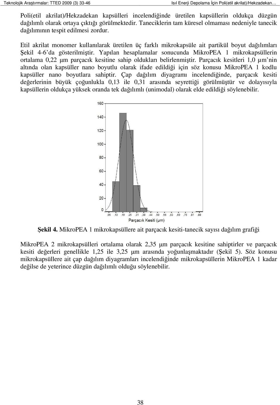 Etil akrilat monomer kullanılarak üretilen üç farklı mikrokapsüle ait partikül boyut dağılımları Şekil 4-6 da gösterilmiştir.