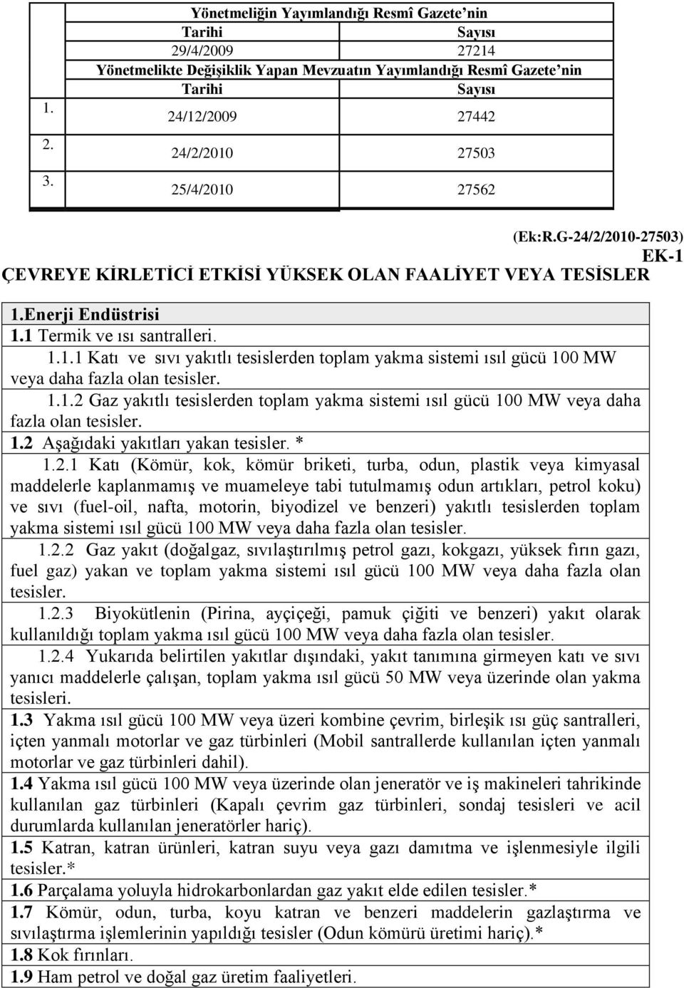 27562 (Ek:R.G-24/2/2010-27503) EK-1 ÇEVREYE KĠRLETĠCĠ ETKĠSĠ YÜKSEK OLAN FAALĠYET VEYA TESĠSLER 1.Enerji Endüstrisi 1.1 Termik ve ısı santralleri. 1.1.1 Katı ve sıvı yakıtlı tesislerden toplam yakma sistemi ısıl gücü 100 MW veya daha fazla olan tesisler.