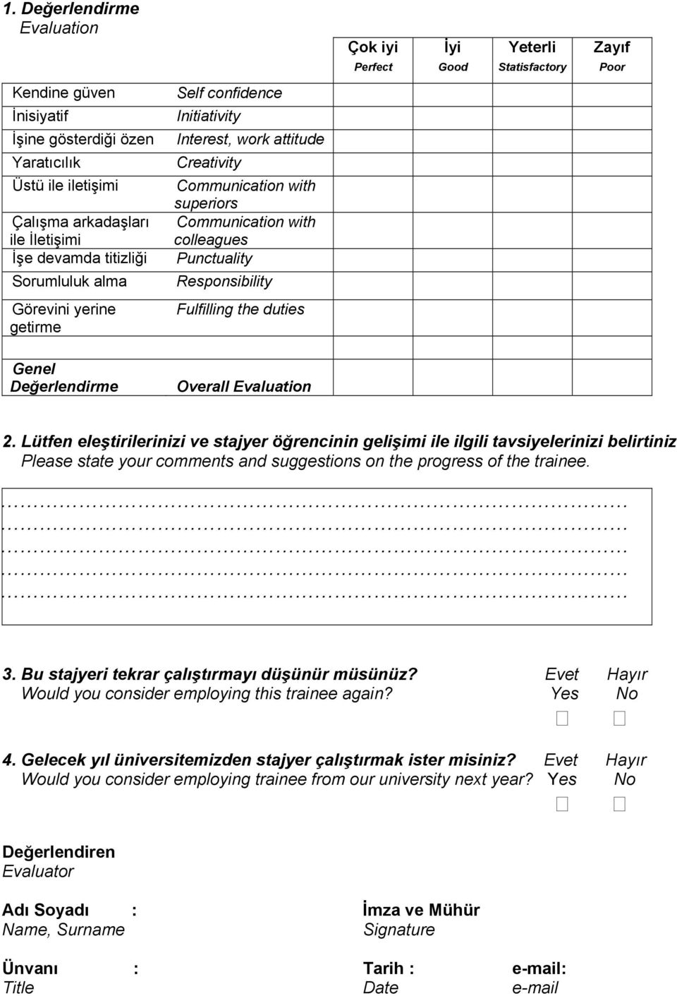 Zayıf Perfect Good Statisfactory Poor Genel Değerlendirme Overall Evaluation 2.