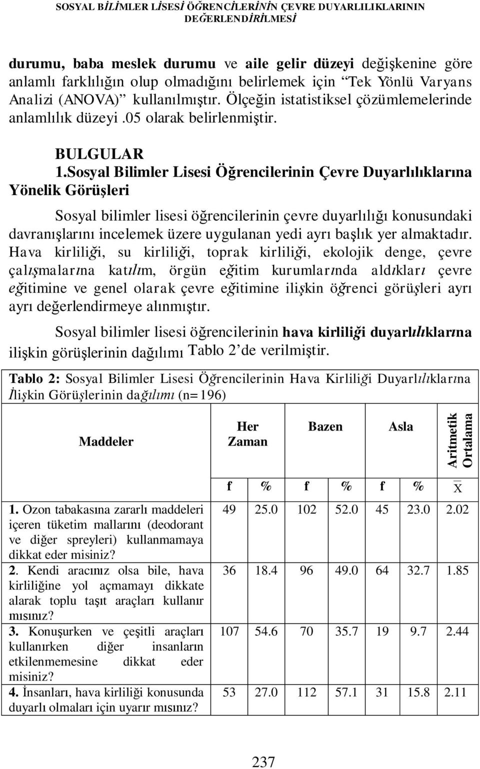 Sosyal Bilimler Lisesi Öğrencilerinin Çevre Duyarlılıklarına Yönelik Görüşleri Sosyal bilimler lisesi öğrencilerinin çevre duyarlılığı konusundaki davranışlarını incelemek üzere uygulanan yedi ayrı