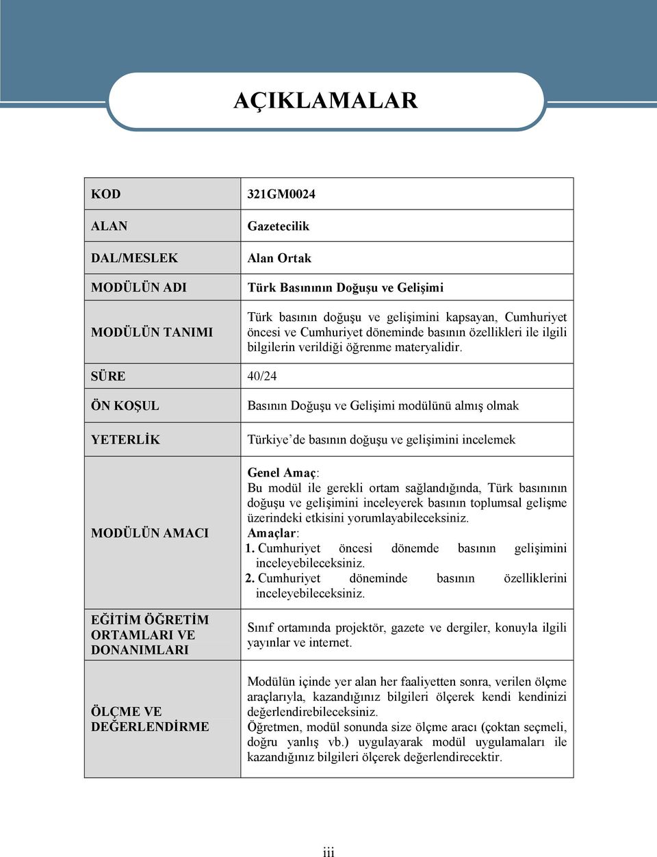 SÜRE 40/24 ÖN KOŞUL YETERLİK MODÜLÜN AMACI EĞİTİM ÖĞRETİM ORTAMLARI VE DONANIMLARI ÖLÇME VE DEĞERLENDİRME Basının Doğuşu ve Gelişimi modülünü almış olmak Türkiye de basının doğuşu ve gelişimini