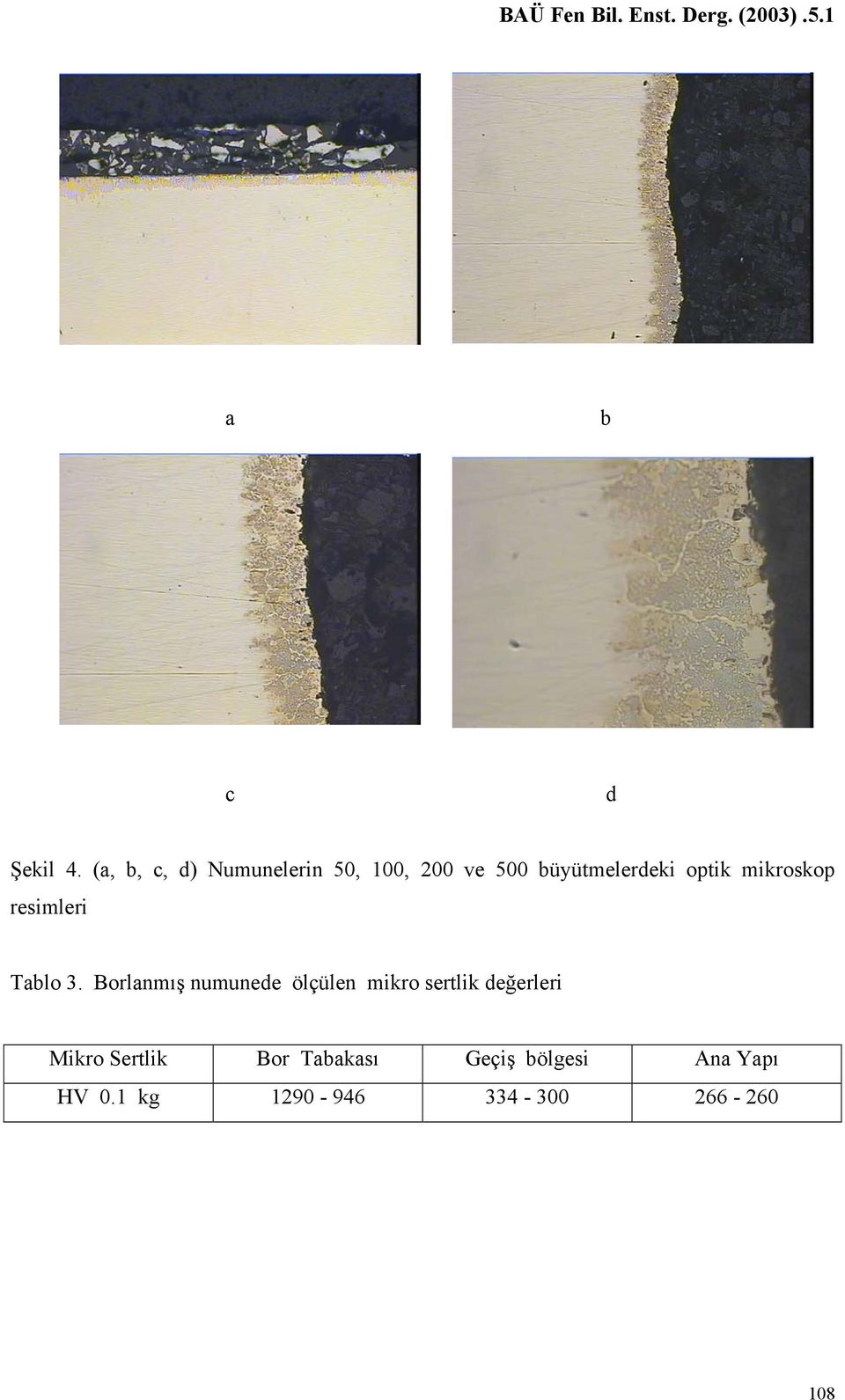 büyütmelerdeki optik mikroskop Tablo 3.