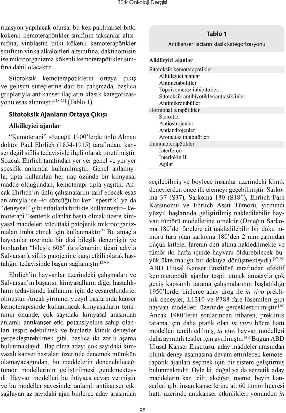 Sitotoksik kemoterapötiklerin ortaya çıkış ve gelişim süreçlerine dair bu çalışmada, başlıca gruplarıyla antikanser ilaçların klasik kategorizasyonu esas alınmıştır [18-22] (Tablo 1).