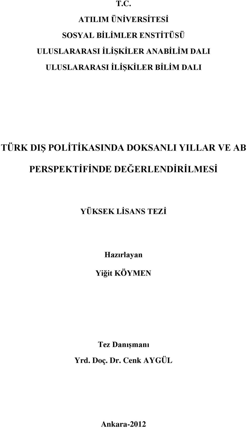 DOKSANLI YILLAR VE AB PERSPEKTİFİNDE DEĞERLENDİRİLMESİ YÜKSEK LİSANS TEZİ