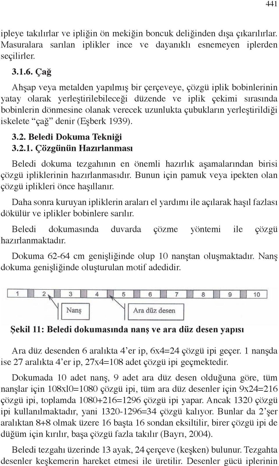 yerleştirildiği iskelete çağ denir (Eşberk 1939). 3.2. Beledi Dokuma Tekniği 3.2.1. Çözgünün Hazırlanması Beledi dokuma tezgahının en önemli hazırlık aşamalarından birisi çözgü ipliklerinin hazırlanmasıdır.