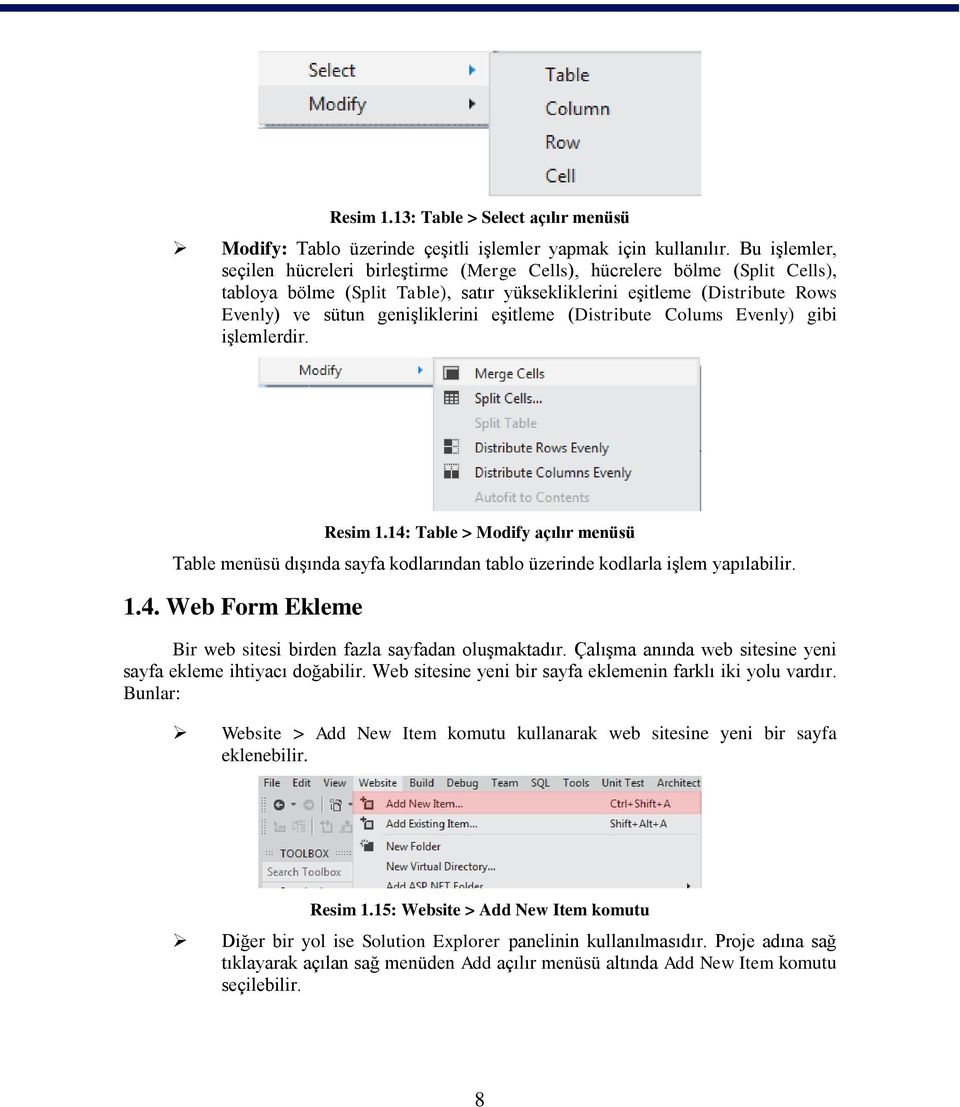 eşitleme (Distribute Colums Evenly) gibi işlemlerdir. Resim 1.14: Table > Modify açılır menüsü Table menüsü dışında sayfa kodlarından tablo üzerinde kodlarla işlem yapılabilir. 1.4. Web Form Ekleme Bir web sitesi birden fazla sayfadan oluşmaktadır.