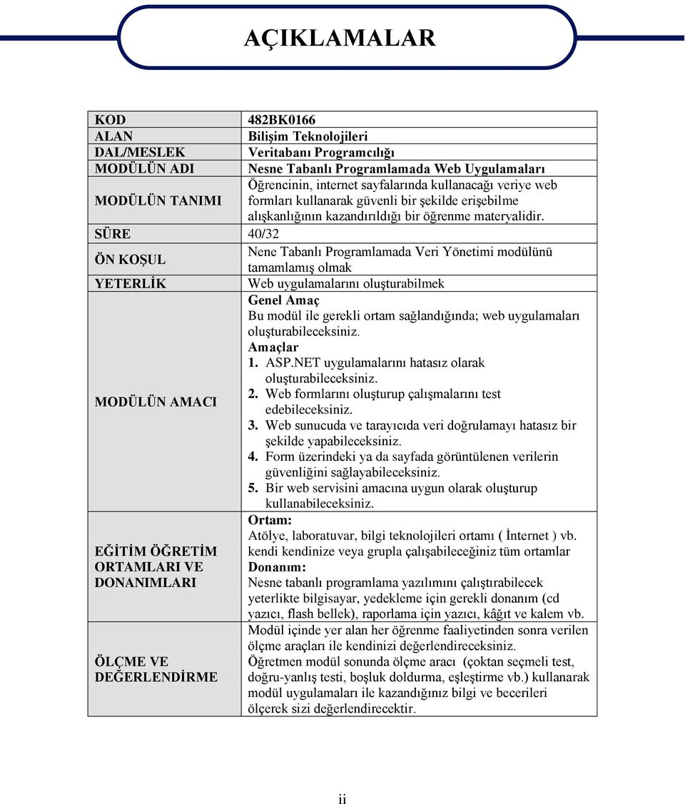 SÜRE 40/32 Nene Tabanlı Programlamada Veri Yönetimi modülünü ÖN KOŞUL tamamlamış olmak YETERLİK Web uygulamalarını oluşturabilmek Genel Amaç Bu modül ile gerekli ortam sağlandığında; web uygulamaları