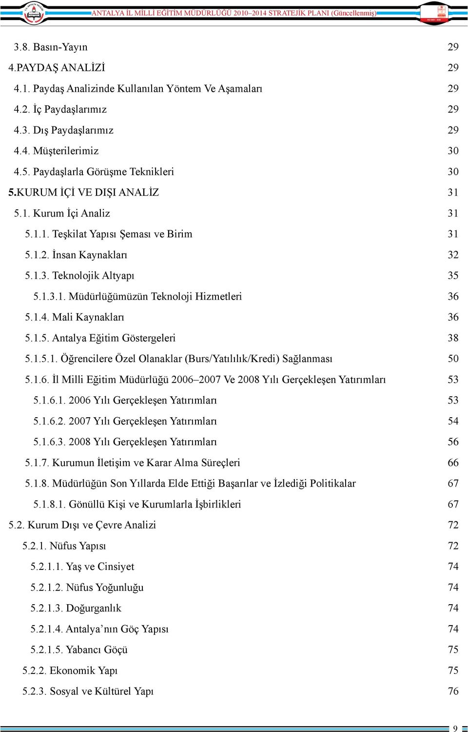 1.4. Mali Kaynakları 36 5.1.5. Antalya Eğitim Göstergeleri 38 5.1.5.1. Öğrencilere Özel Olanaklar (Burs/Yatılılık/Kredi) Sağlanması 50 5.1.6. İl Milli Eğitim Müdürlüğü 2006 2007 Ve 2008 Yılı Gerçekleşen Yatırımları 53 5.