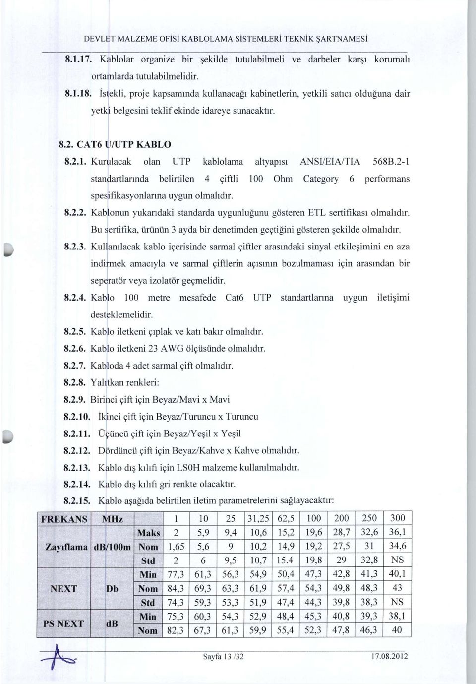 Kurulacak olan UTP kablolama altyapısı ANSI/EIA/TIA 568B.2-1 standartlarında belirtilen 4 çiftli 100 Ohm Category 6 performans spesifikasyonlarına uygun olmalıdır. 8.2.2. Kablonun yukarıdaki standarda uygunluğunu gösteren ETL sertifikası olmalıdır.