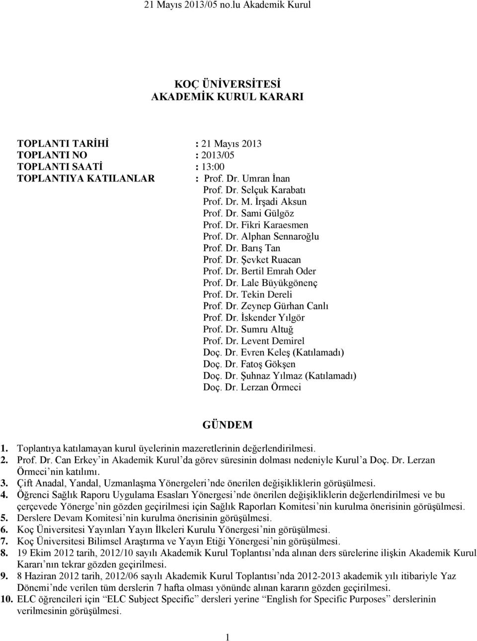 Dr. Zeynep Gürhan Canlı Prof. Dr. İskender Yılgör Prof. Dr. Sumru Altuğ Prof. Dr. Levent Demirel Doç. Dr. Evren Keleş (Katılamadı) Doç. Dr. Fatoş Gökşen Doç. Dr. Şuhnaz Yılmaz (Katılamadı) Doç. Dr. Lerzan Örmeci GÜNDEM 1.