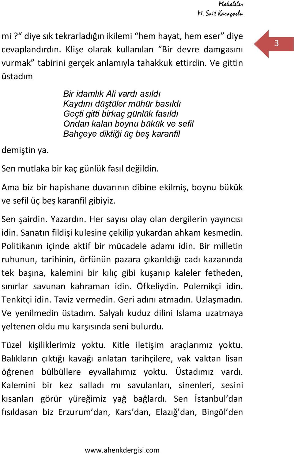 Bir idamlık Ali vardı asıldı Kaydını düştüler mühür basıldı Geçti gitti birkaç günlük fasıldı Ondan kalan boynu bükük ve sefil Bahçeye diktiği üç beş karanfil Sen mutlaka bir kaç günlük fasıl