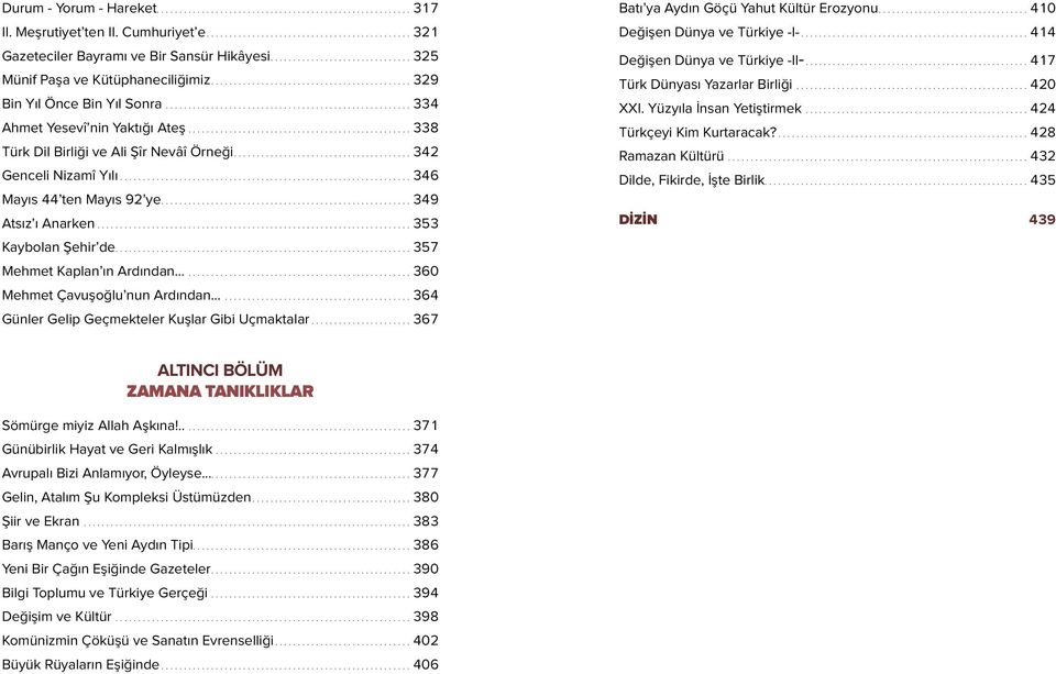 ..346 Mayıs 44 ten Mayıs 92 ye...349 Atsız ı Anarken...353 Kaybolan Şehir de...357 Mehmet Kaplan ın Ardından...360 Mehmet Çavuşoğlu nun Ardından......364 Günler Gelip Geçmekteler Kuşlar Gibi Uçmaktalar.