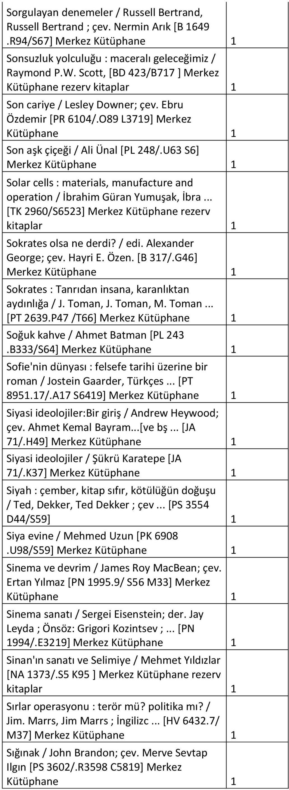 U63 S6] Merkez Solar cells : materials, manufacture and operation / İbrahim Güran Yumuşak, İbra... [TK 2960/S6523] Merkez Kütüphane rezerv kitaplar 1 Sokrates olsa ne derdi? / edi.