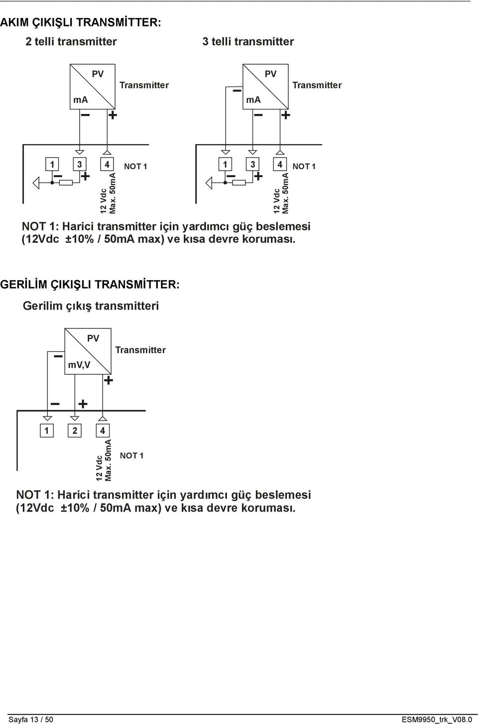 50mA NT 1: Harici transmitter için yardımcı güç beslemesi (12Vdc ±10% / 50mA max) ve kısa devre koruması.