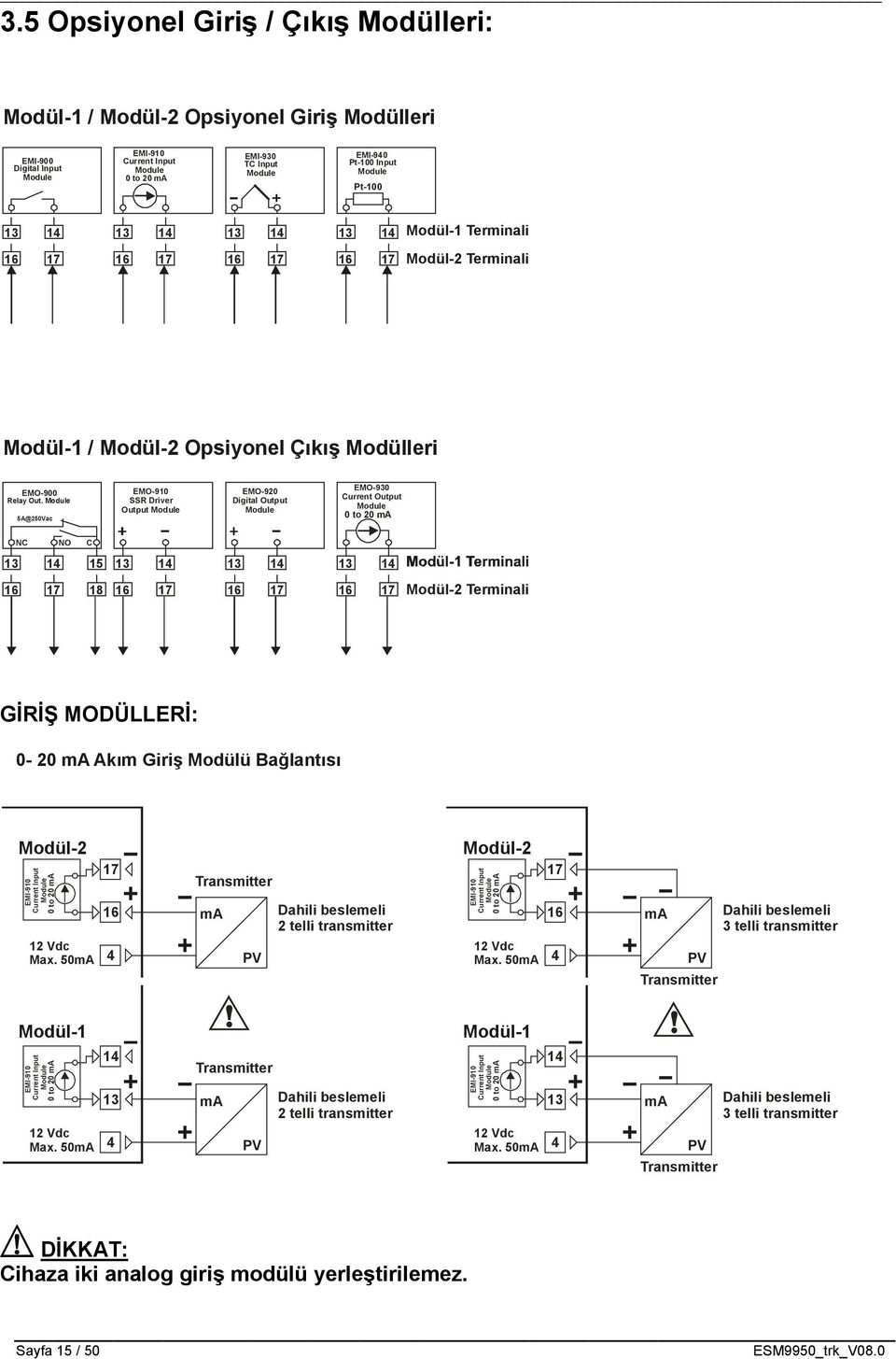 Module 5A@250Vac EM-910 SSR Driver utput Module EM-920 Digital utput Module EM-930 Current utput Module 0 to 20 ma NC N C 13 14 15 13 14 13 14 13 14 16 17 18 16 17 16 17 16 17 Modül-2 Terminali GİRİŞ