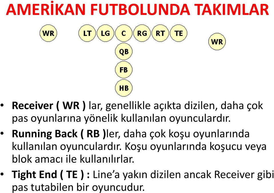 Running Back ( RB )ler, daha çok koşu oyunlarında kullanılan oyunculardır.