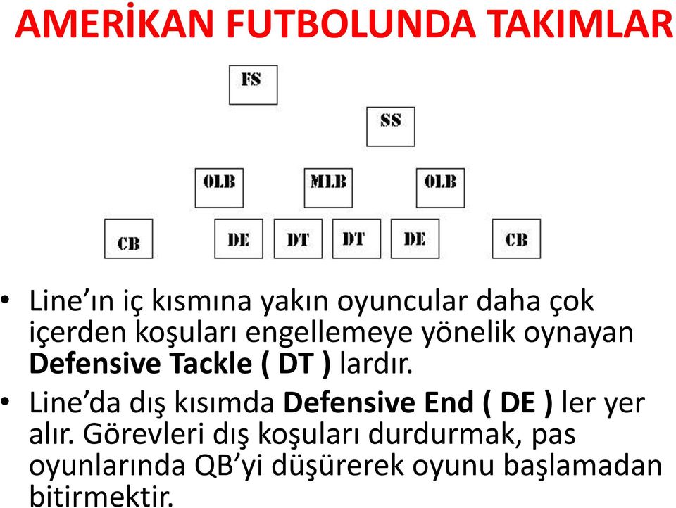 lardır. Line da dış kısımda Defensive End ( DE ) ler yer alır.