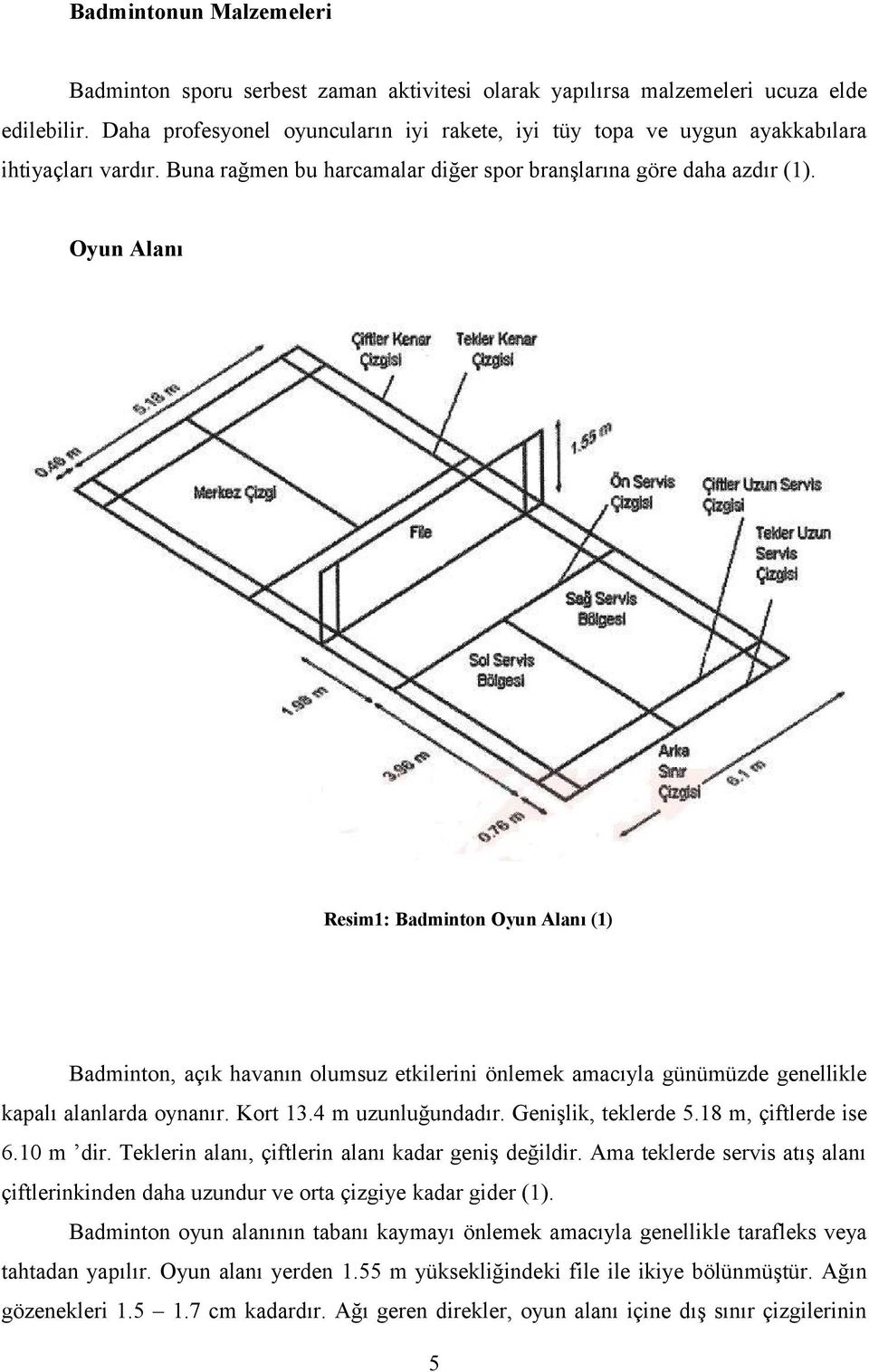 Oyun Alanı Resim1: Badminton Oyun Alanı (1) Badminton, açık havanın olumsuz etkilerini önlemek amacıyla günümüzde genellikle kapalı alanlarda oynanır. Kort 13.4 m uzunluğundadır. Genişlik, teklerde 5.