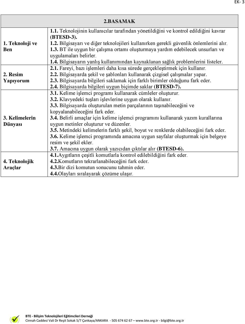 2.2. Bilgisayarda şekil ve şablonları kullanarak çizgisel çalışmalar yapar. 2.3. Bilgisayarda bilgileri saklamak için farklı birimler olduğunu fark eder. 2.4.