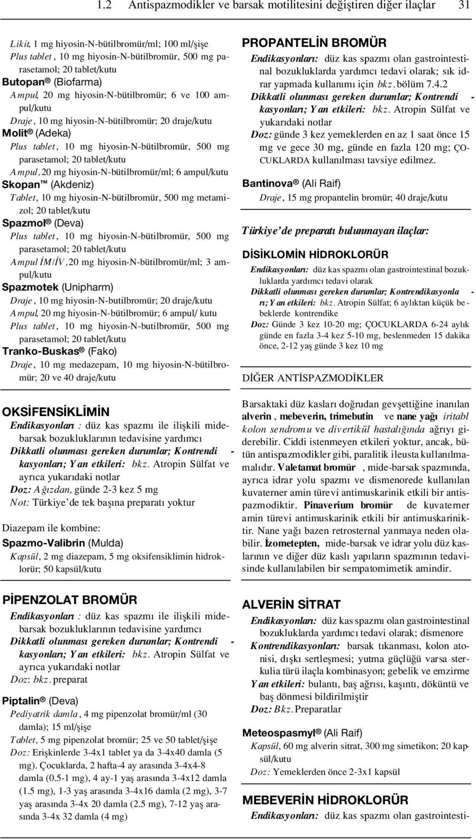 parasetamol; 20 tablet/kutu Ampul, 20 mg hiyosin-n-bütilbromür/ml; 6 ampul/kutu Skopan (Akdeniz) Tablet, 10 mg hiyosin-n-bütilbromür, 500 mg metamizol; 20 tablet/kutu Spazmol (Deva) Plus tablet, 10