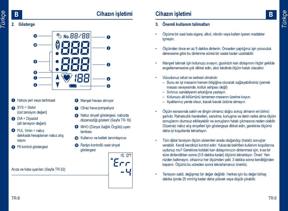 atış sayısı Pil kontrol göstergesi Arıza ve hata uyarıları (Sayfa TR-32) 6 7 8 9 10 11 Manşet havası alınıyor ihaz hava pompalıyor Nabız sinyali göstergesi, nabızda düzensizliği gösterir (Sayfa