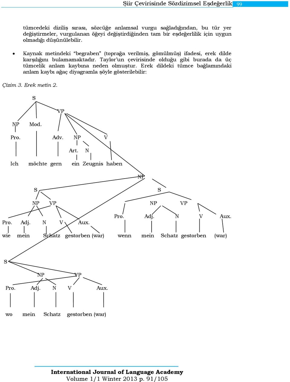Taylor un çevirisinde olduğu gibi burada da üç tümcelik anlam kaybına neden olmuştur. Erek dildeki tümce bağlamındaki anlam kaybı ağaç diyagramla şöyle gösterilebilir: Çizim 3.