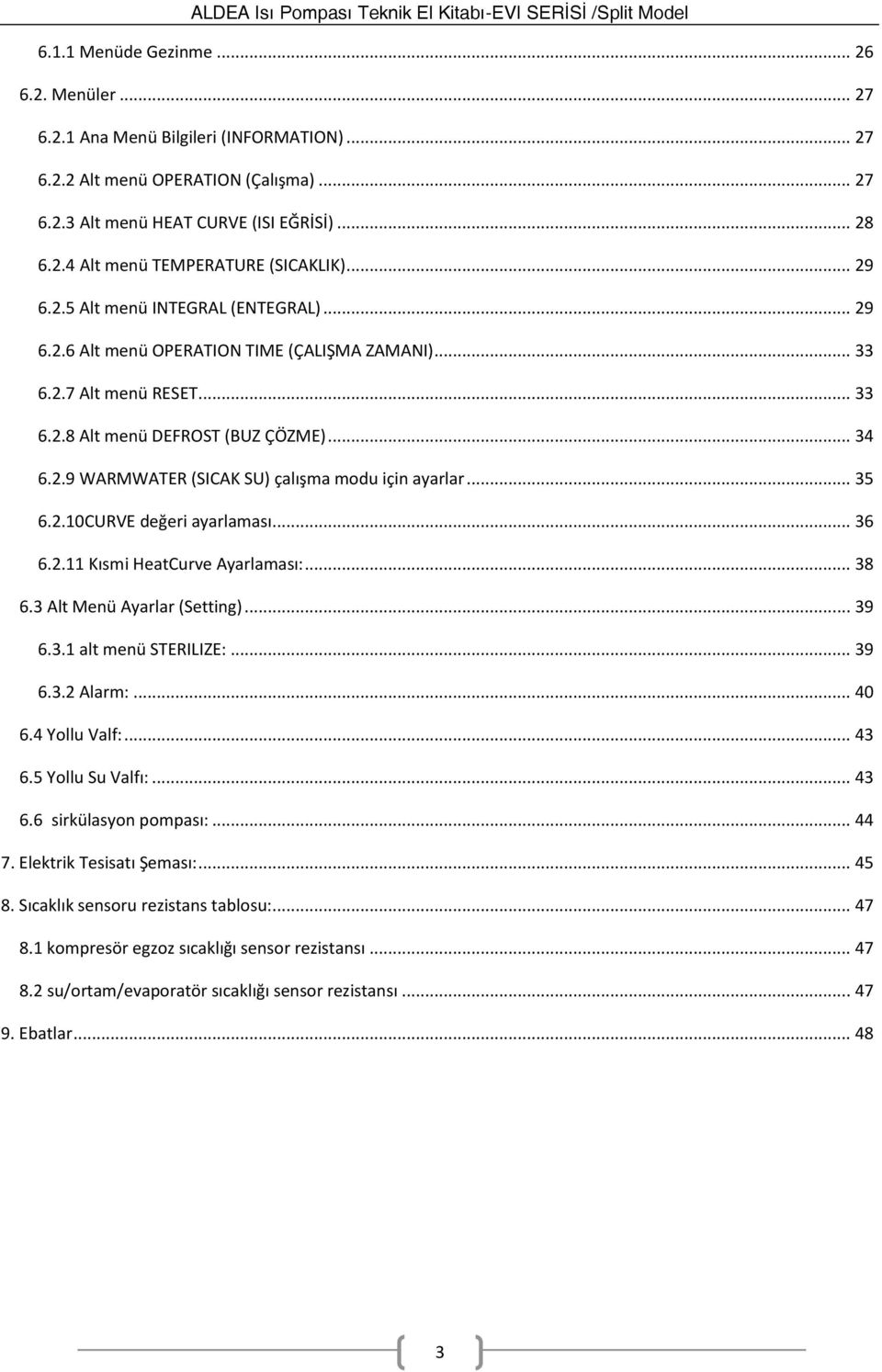 .. 35 6.2.10CURVE değeri ayarlaması... 36 6.2.11 Kısmi HeatCurve Ayarlaması:... 38 6.3 Alt Menü Ayarlar (Setting)... 39 6.3.1 alt menü STERILIZE:... 39 6.3.2 Alarm:... 40 6.4 Yollu Valf:... 43 6.