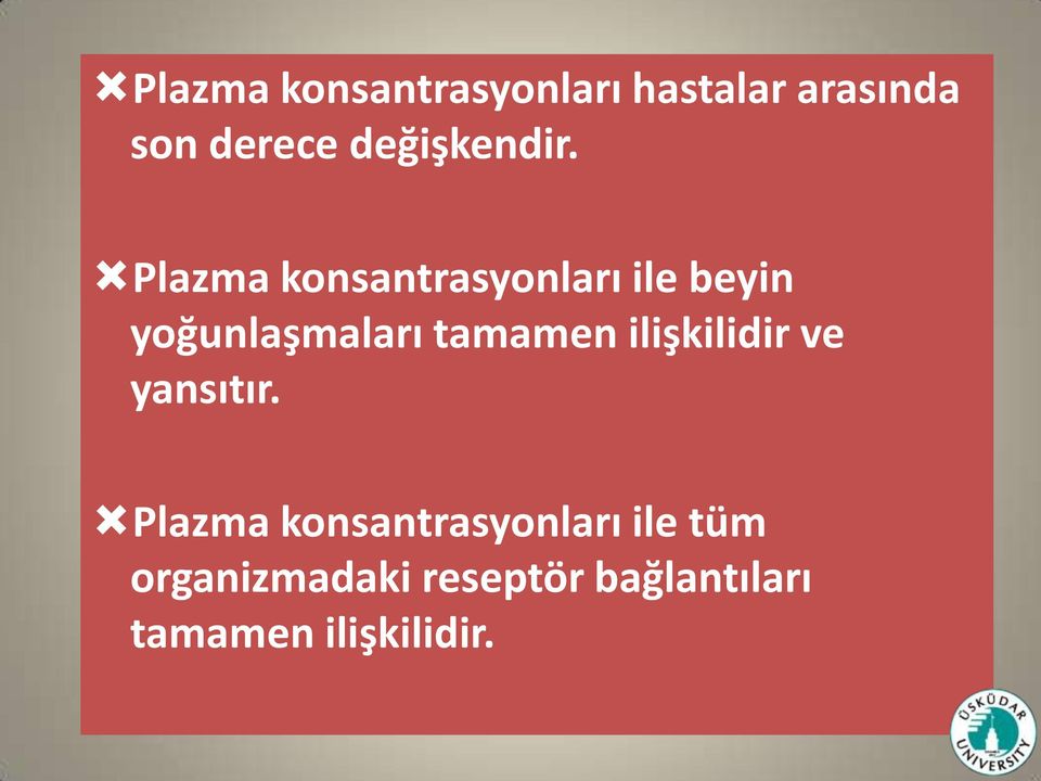 Plazma konsantrasyonları ile beyin yoğunlaşmaları tamamen