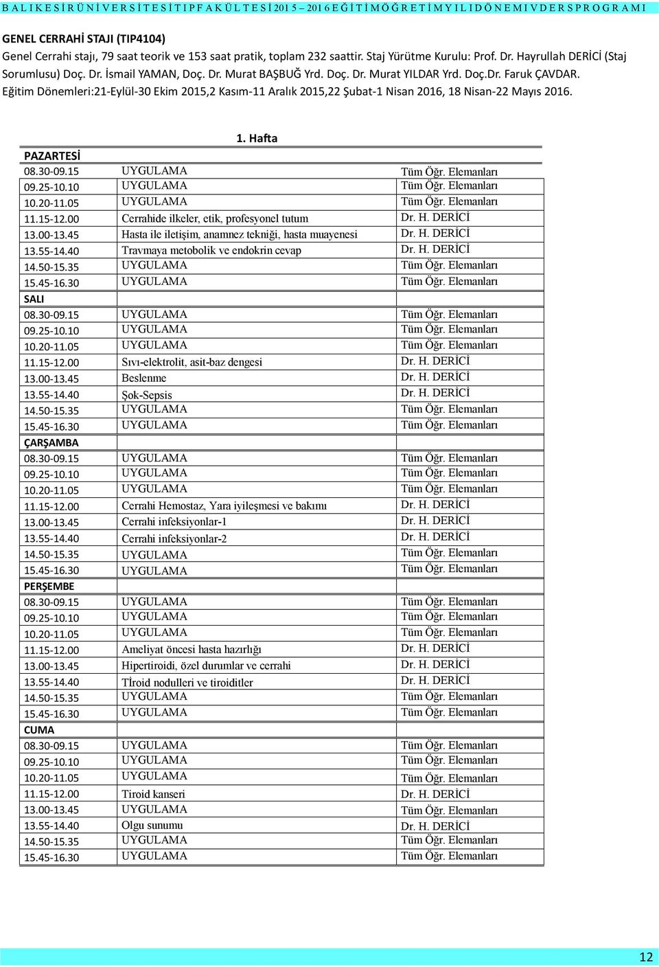 00 Cerrahide ilkeler, etik, profesyonel tutum Dr. H. DERİCİ 13.00-13.45 Hasta ile iletişim, anamnez tekniği, hasta muayenesi Dr. H. DERİCİ 13.55-14.40 Travmaya metobolik ve endokrin cevap Dr. H. DERİCİ 11.