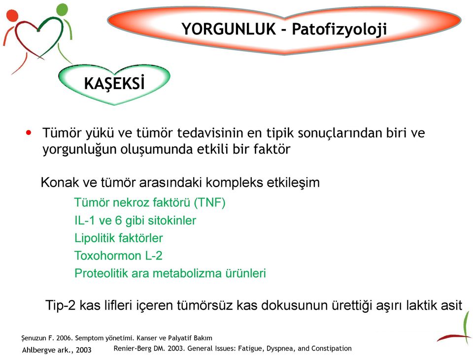 L-2 Proteolitik ara metabolizma ürünleri Tip-2 kas lifleri içeren tümörsüz kas dokusunun ürettiği aşırı laktik asit Şenuzun F. 2006.