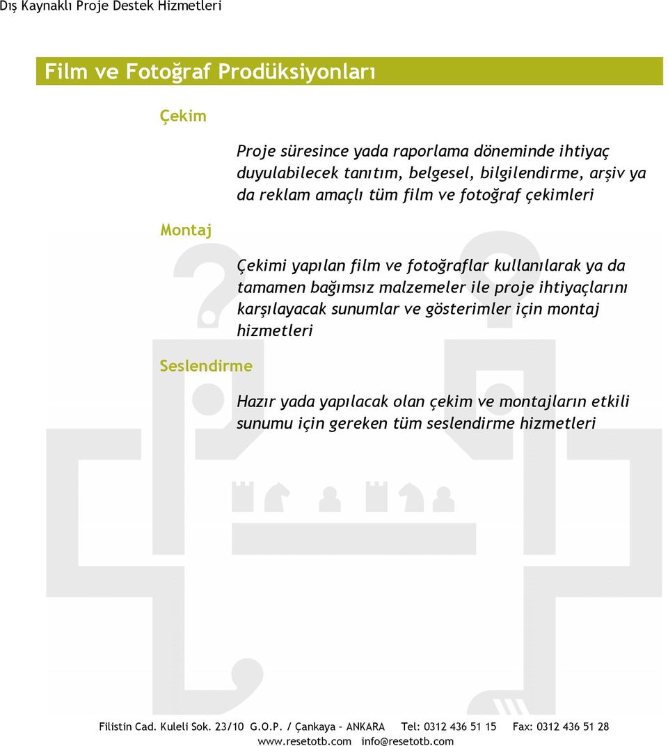 film ve fotoğraflar kullanılarak ya da tamamen bağımsız malzemeler ile proje ihtiyaçlarını karşılayacak sunumlar ve