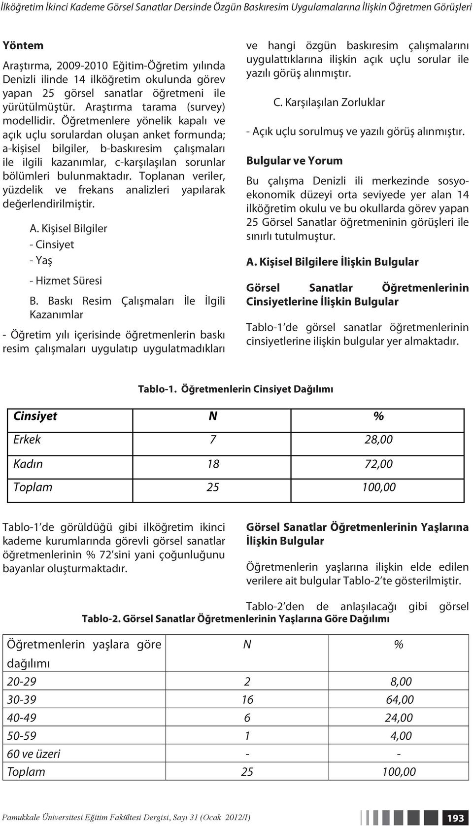 Öğretmenlere yönelik kapalı ve açık uçlu sorulardan oluşan anket formunda; a-kişisel bilgiler, b-baskıresim çalışmaları ile ilgili kazanımlar, c-karşılaşılan sorunlar bölümleri bulunmaktadır.