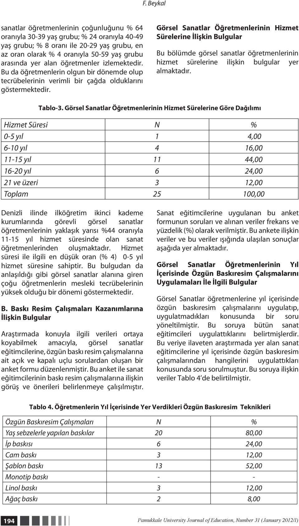 Görsel Sanatlar Öğretmenlerinin Hizmet Sürelerine İlişkin Bulgular Bu bölümde görsel sanatlar öğretmenlerinin hizmet sürelerine ilişkin bulgular yer almaktadır. Tablo-3.