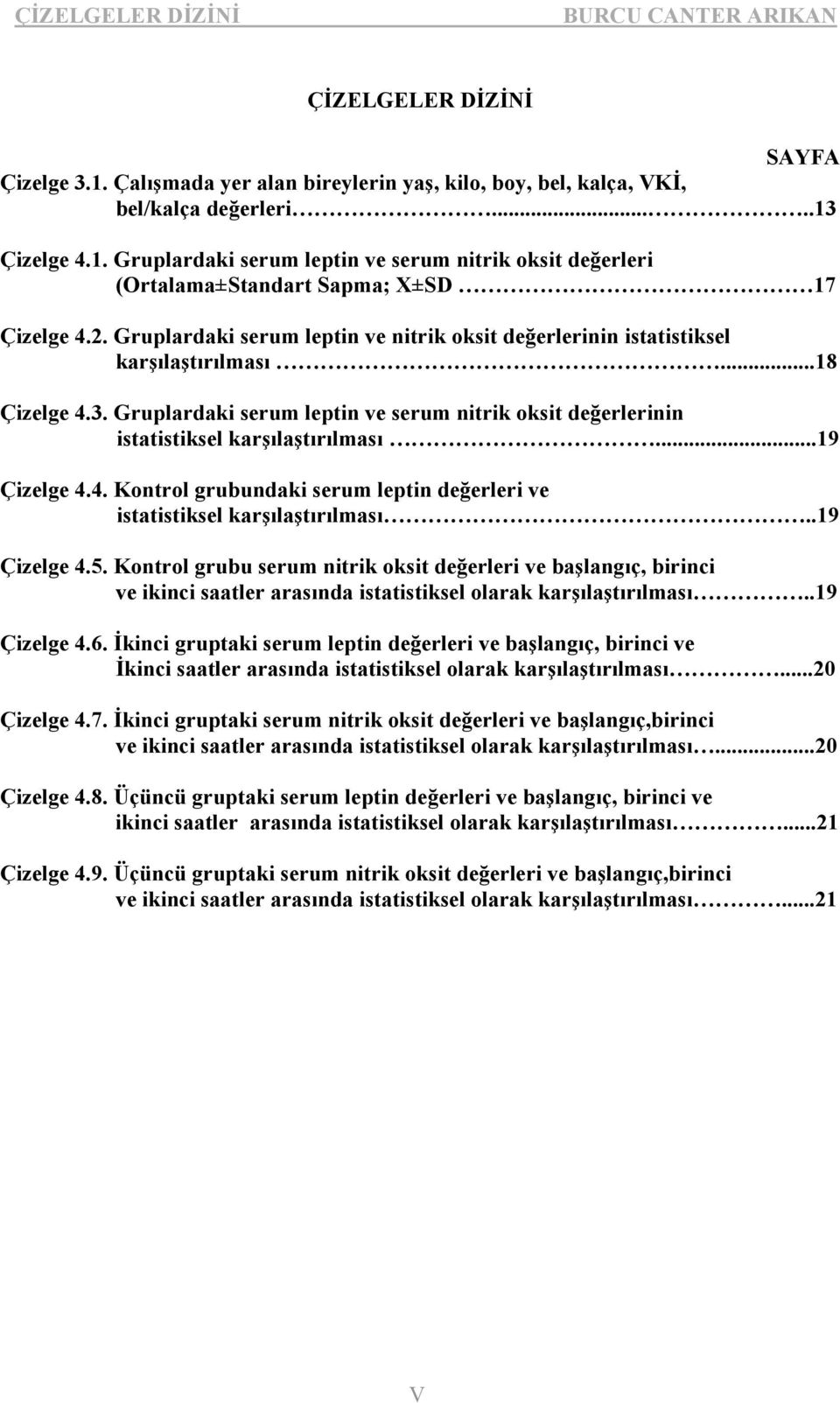 ..19 Çizelge 4.4. Kontrol grubundaki serum leptin değerleri ve istatistiksel karşılaştırılması..19 Çizelge 4.5.