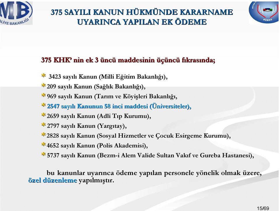 (Üniversiteler),( * 2659 sayılı Kanun (Adli Tıp T p Kurumu), * 2797 sayılı Kanun (Yargıtay), * 2828 sayılı Kanun (Sosyal Hizmetler ve Çocuk Esirgeme Kurumu), * 4652 sayılı Kanun