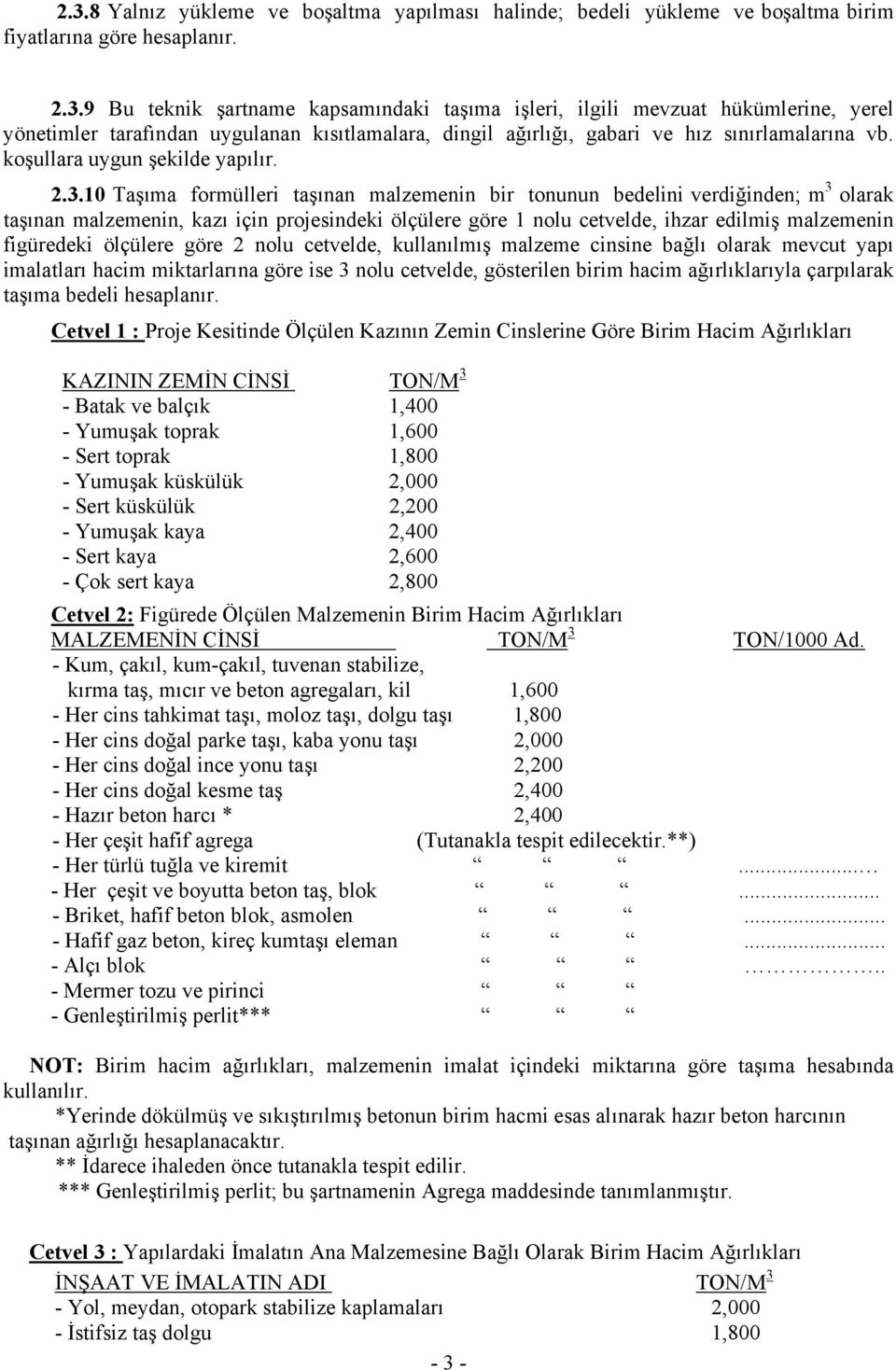 10 Taşıma formülleri taşınan malzemenin bir tonunun bedelini verdiğinden; m 3 olarak taşınan malzemenin, kazı için projesindeki ölçülere göre 1 nolu cetvelde, ihzar edilmiş malzemenin figüredeki