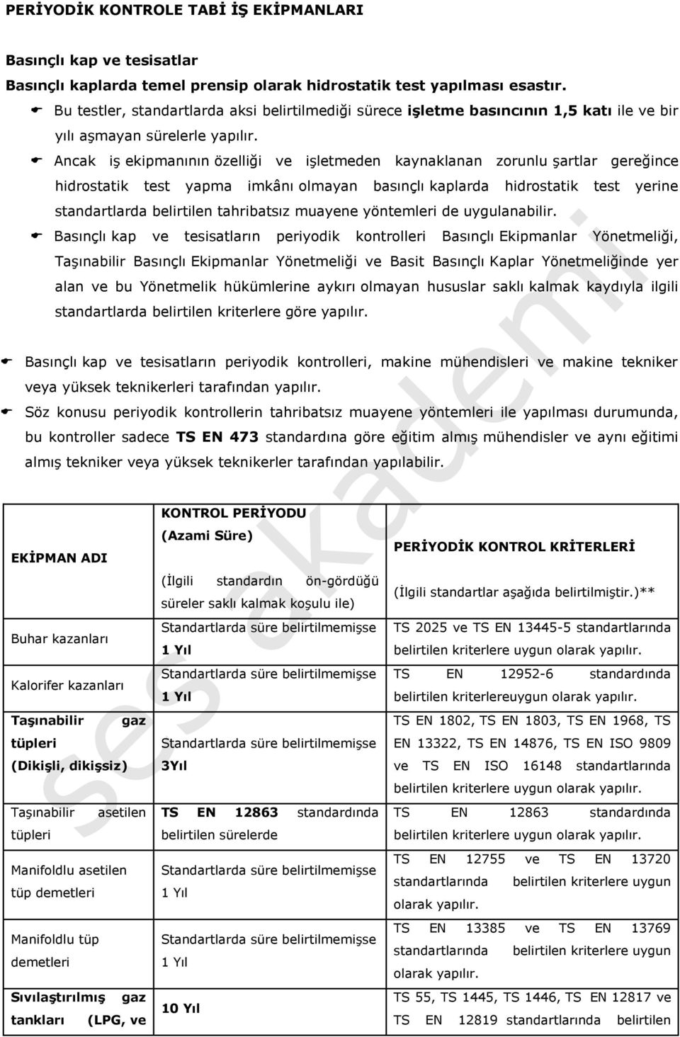 Ancak iş ekipmanının özelliği ve işletmeden kaynaklanan zorunlu şartlar gereğince hidrostatik test yapma imkânı olmayan basınçlı kaplarda hidrostatik test yerine standartlarda belirtilen tahribatsız