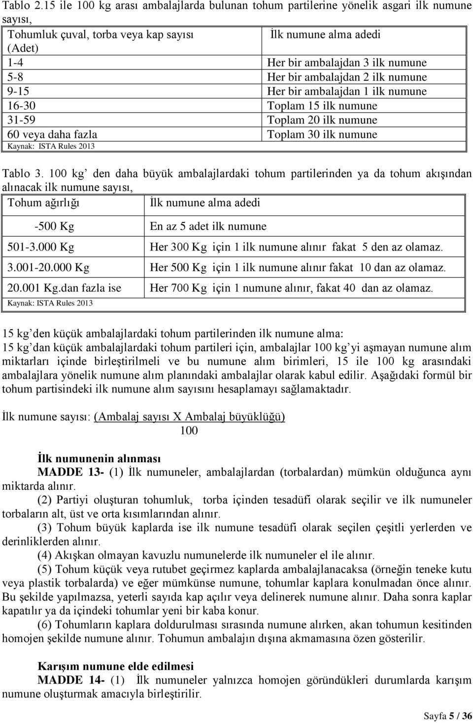 Her bir ambalajdan 2 ilk numune 9-15 Her bir ambalajdan 1 ilk numune 16-30 Toplam 15 ilk numune 31-59 Toplam 20 ilk numune 60 veya daha fazla Toplam 30 ilk numune Kaynak: ISTA Rules 2013 Tablo 3.