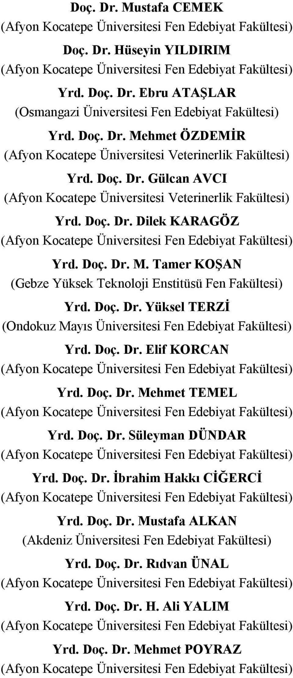 Doç. Dr. Yüksel TERZİ (Ondokuz Mayıs Üniversitesi Fen Edebiyat Fakültesi) Yrd. Doç. Dr. Elif KORCAN Yrd. Doç. Dr. Mehmet TEMEL Yrd. Doç. Dr. Süleyman DÜNDAR Yrd. Doç. Dr. İbrahim Hakkı CİĞERCİ Yrd.