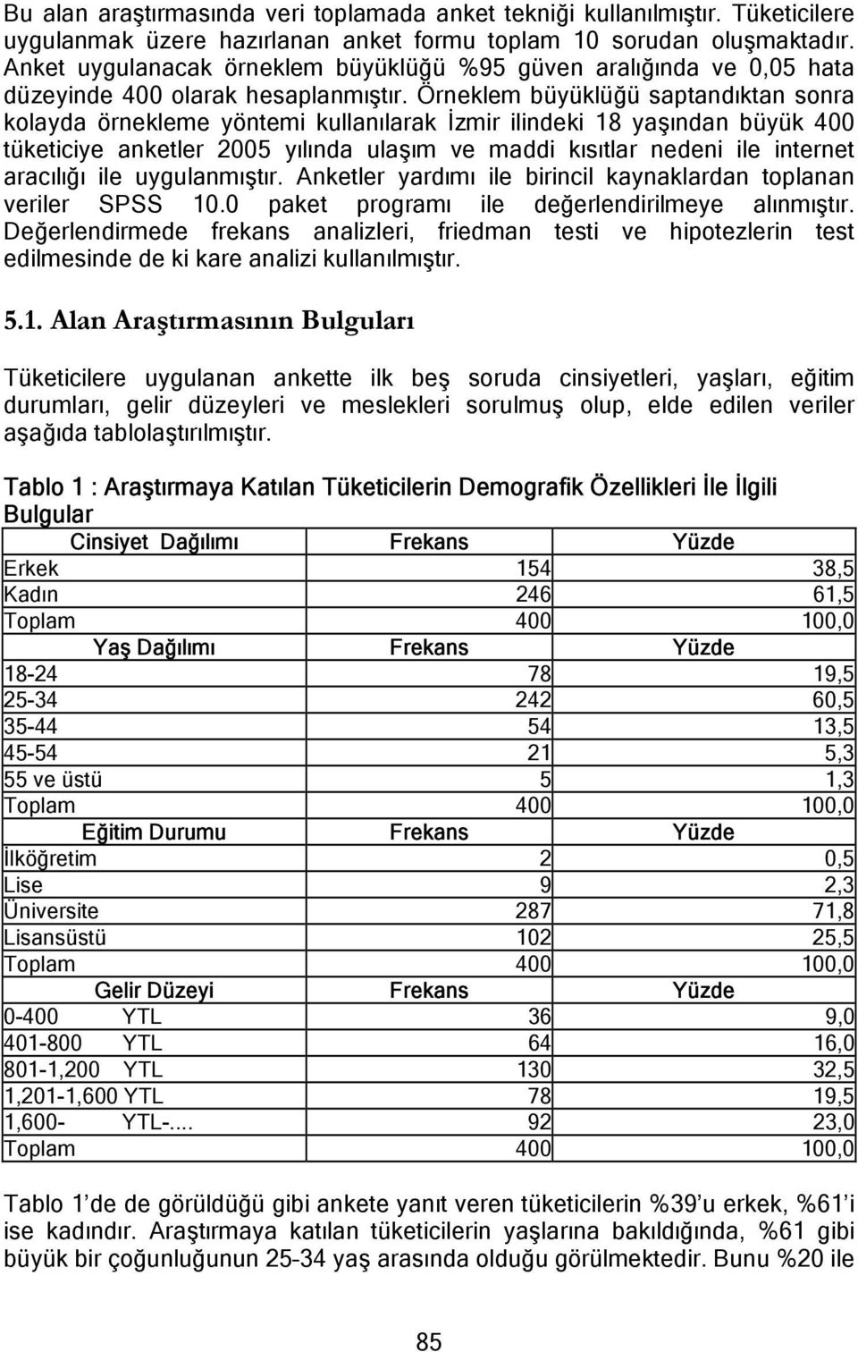 Örneklem büyüklüğü saptandıktan sonra kolayda örnekleme yöntemi kullanılarak İzmir ilindeki 18 yaşından büyük 400 tüketiciye anketler 2005 yılında ulaşım ve maddi kısıtlar nedeni ile internet