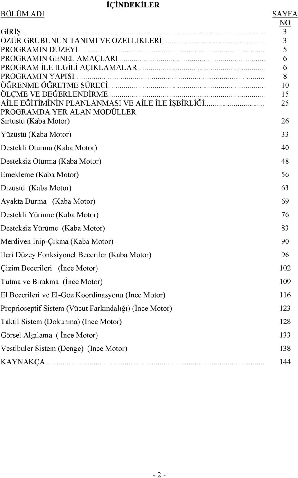 .. 5 PROGRAMDA YER ALAN MODÜLLER Sırtüstü (Kaba Motor) 6 Yüzüstü (Kaba Motor) Destekli Oturma (Kaba Motor) 4 Desteksiz Oturma (Kaba Motor) 48 Emekleme (Kaba Motor) 56 Dizüstü (Kaba Motor) 6 Ayakta