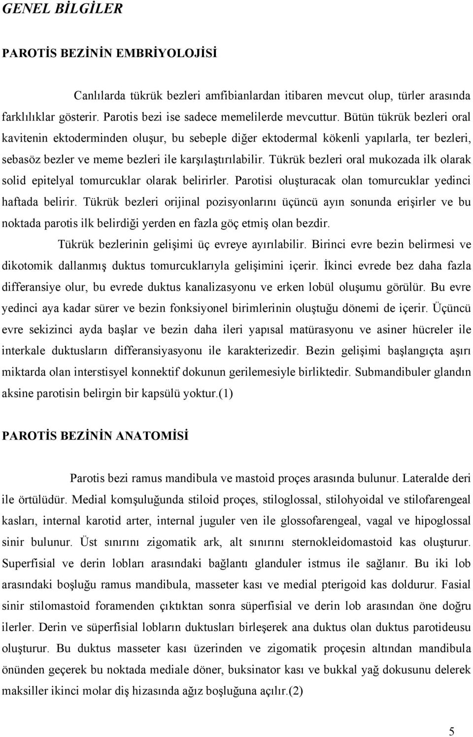 Tükrük bezleri oral mukozada ilk olarak solid epitelyal tomurcuklar olarak belirirler. Parotisi oluşturacak olan tomurcuklar yedinci haftada belirir.