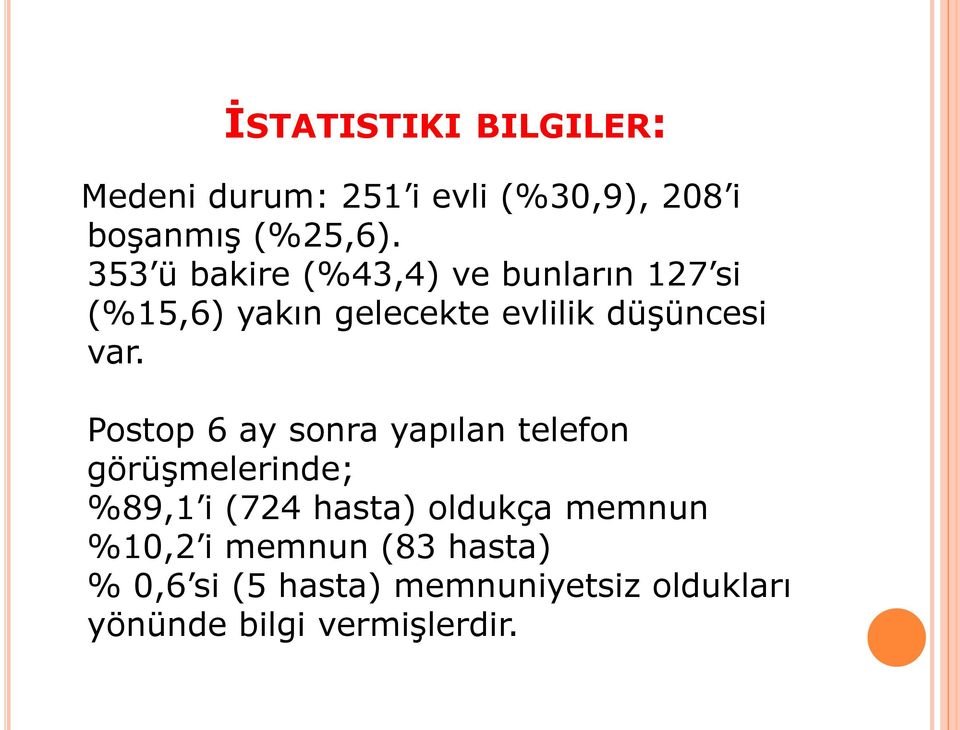 Postop 6 ay sonra yapılan telefon görüşmelerinde; %89,1 i (724 hasta) oldukça memnun