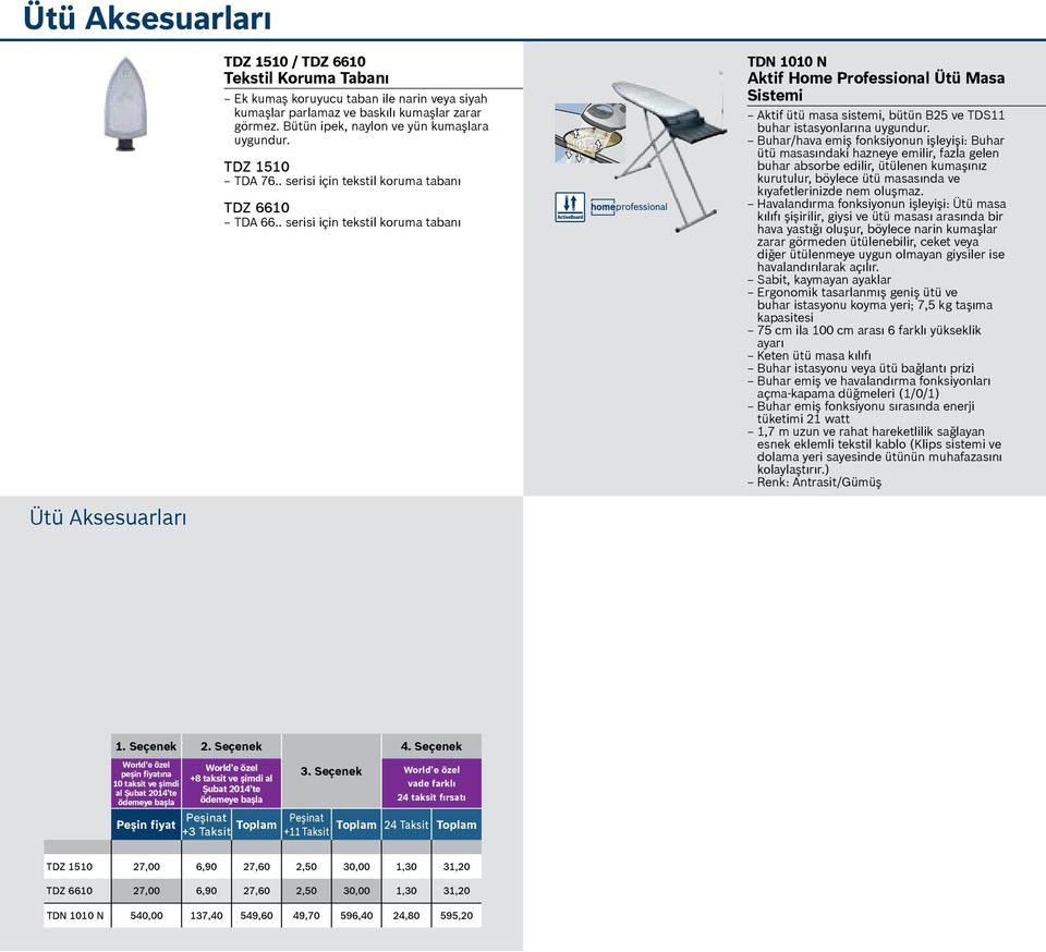 . serisi için tekstil koruma tabanı TDN 1010 N Aktif Home Professional Ütü Masa Sistemi Aktif ütü masa sistemi, bütün B25 ve TDS11 buhar istasyonlarına uygundur.